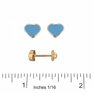 18K Yellow Gold Blue Enamel Heart Screwback Earrings