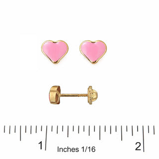 18K Solid Yellow Gold Pink Enamel Heart Screwback Earrings