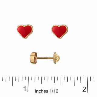 18K Yellow Gold Red Enamel Heart Screwback Earrings