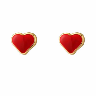 18K Yellow Gold Red Enamel Heart Screwback Earrings