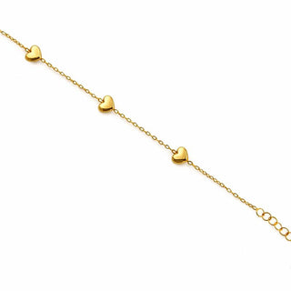 18K Solid Yellow Gold Three Polished Hearts Bracelet
