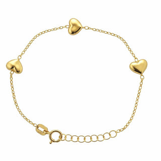 18K Solid Yellow Gold Three Polished Hearts Bracelet