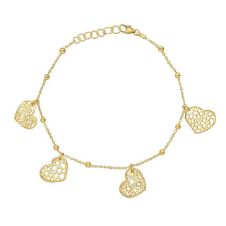18K Solid Yellow Gold Cut Out Design Charm Hearts Bracelet