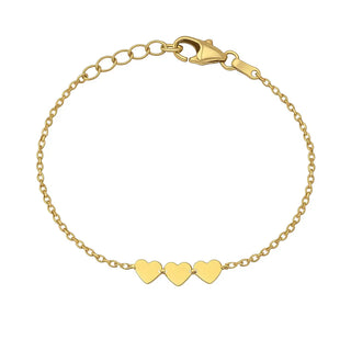 18K Solid Yellow Gold Polished Three Flat Hearts Bracelet