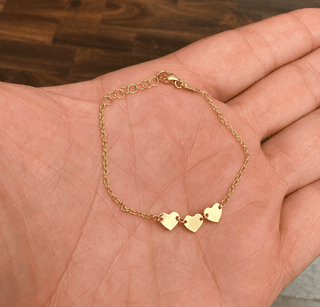 18K Solid Yellow Gold Polished Three Flat Hearts Bracelet