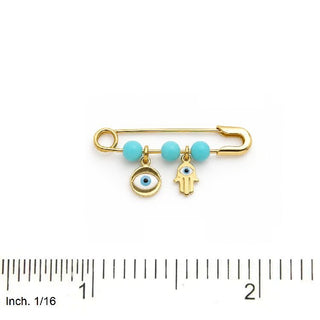 18K Gold Enamel Hamsa Hand and Evil Eye Turquoise Safety Pin