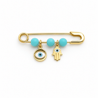 18K Gold Enamel Hamsa Hand and Evil Eye Turquoise Safety Pin