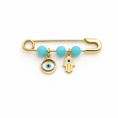 18K Gold Enamel Hamsa Hand and Evil Eye Turquoise Safety Pin
