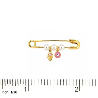 18K Gold Pink Enamel Hamsa and Evil Eye Pearls Safety Pin