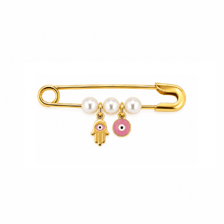 18K Gold Pink Enamel Hamsa and Evil Eye Pearls Safety Pin