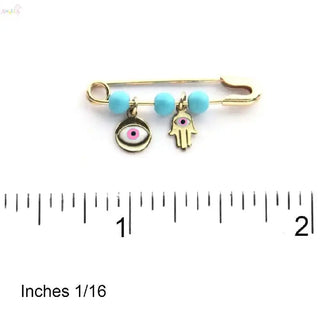 18K Gold Enamel Pink Hamsa and Evil Eye Turquoise Safety Pin 