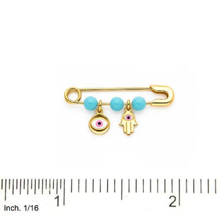 18K Gold Enamel Pink Hamsa and Evil Eye Turquoise Safety Pin 