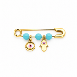 18K Gold Enamel Pink Hamsa and Evil Eye Turquoise Safety Pin 