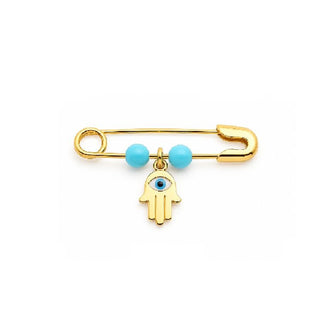 18K Gold Enamel Evil Eye Hamsa Turquoise Safety Pin