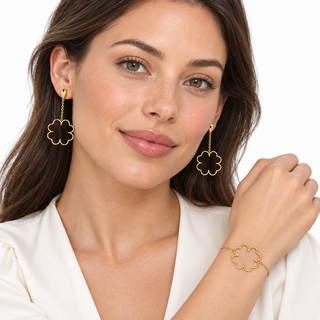 18K Solid Yellow Gold Open Four-Leaf Clover Dangle Earrings and Bracelet