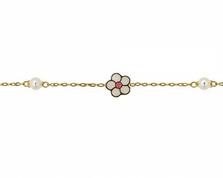 18K Yellow Gold Enamel Center Flower and Pearls Bracelet 