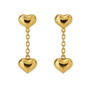 18K Solid Yellow Gold Dangle Puffy Heart Post Earrings