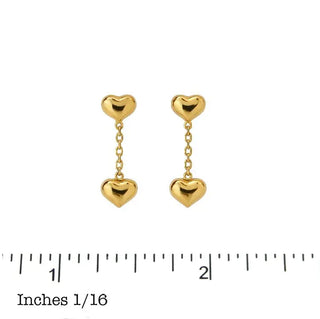 18K Solid Yellow Gold Dangle Puffy Heart Post Earrings