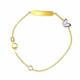 18k Solid Yellow Gold Lavander Enamel Butterfly ID Bracelet