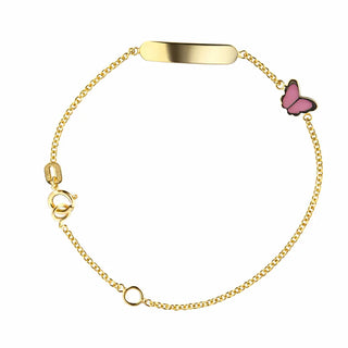 18k Solid Yellow Gold Pink Enamel Butterfly ID Bracelet