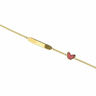 18k Solid Yellow Gold Pink Enamel Butterfly ID Bracelet