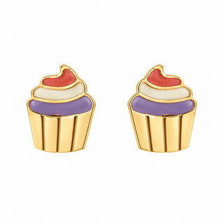 18K Solid Yellow Gold Multicolor Enamel Cupcake Post Earrings