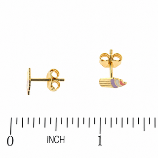 18K Solid Yellow Gold Multicolor Enamel Cupcake Post Earrings with a ruler