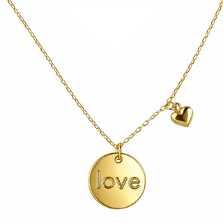 18K Solid Yellow Gold Love Circle and Heart Necklace