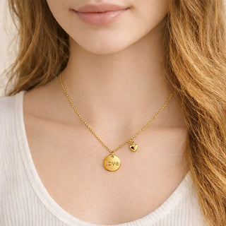 18K Solid Yellow Gold Love Circle and Heart Necklace