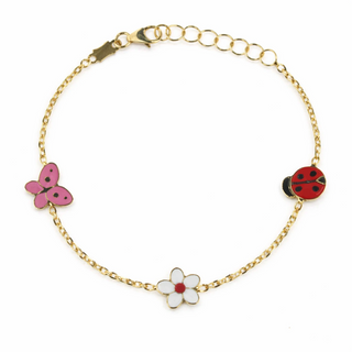 Pulseira de Borboleta, Flor e Joaninha com Esmalte em Ouro Amarelo 18K