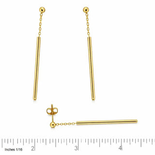 18k Solid Yellow Gold Dangle Long Stick Post Earrings