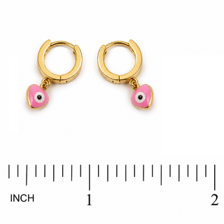 18K Yellow Gold Pink Evil Eye Heart Hinge Hoop Earrings