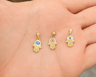 18K Solid Yellow Gold Enamel Evil Eye Hamsa Pendant