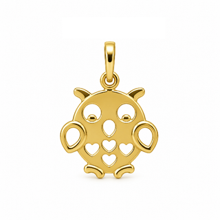Colgante plano de búho en oro amarillo macizo de 18 quilates con corazones abiertos