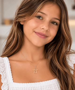 18K Solid Yellow Gold Modern Openwork Polished Angel Pendant on a Girl