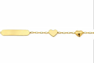 18K Solid Yellow Gold Flat and Puffy Hearts Id Bracelet