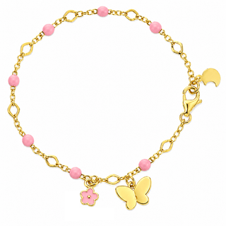 18K Gold Dangle Butterfly and Pink Enamel Flower Bracelet