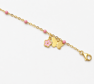 18K Gold Dangle Butterfly and Pink Enamel Flower Bracelet