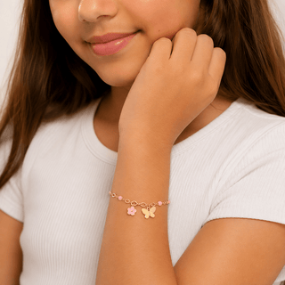 18K Gold Dangle Butterfly and Pink Enamel Flower Bracelet
