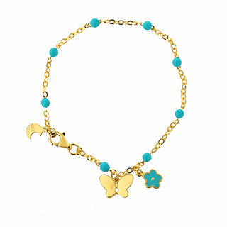 18K Gold Turquoise Enamel Flower and Butterfly Bracelet