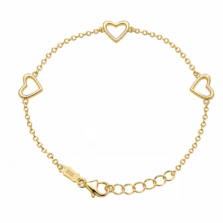 18K Solid Yellow Gold Three Polished Open Hearts Bracelet