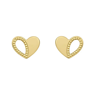 18K Solid Yellow Gold Dot Pattern Open Heart Post Earrings