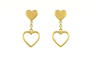 18K Yellow Gold Polished Heart and Dangle Open Heart Earrings