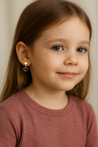 18K Yellow Gold Polished Heart and Dangle Open Heart Earrings