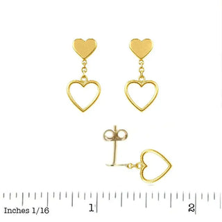 18K Yellow Gold Polished Heart and Dangle Open Heart Earrings