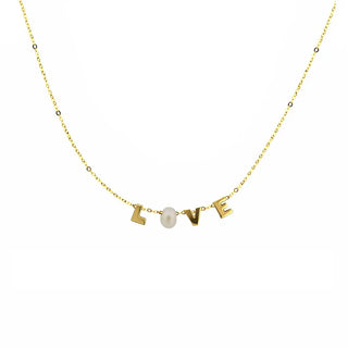 18K Solid Yellow Gold Love and Cultivated Pearl Necklace