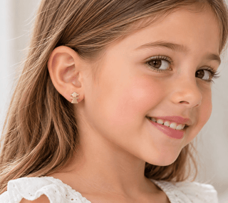 18K Solid Yellow Gold Girl with Satin Finish Dress Post Earrings on a girl 7 years old