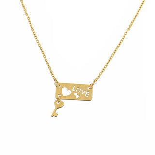 18K Solid Yellow Gold Love Heart and Dangle Key Necklace