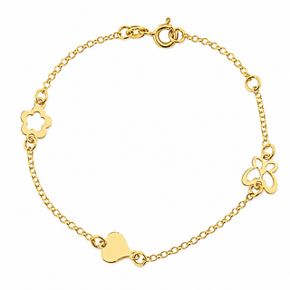 18K Solid Yellow Gold Heart, Butterfly, and Flower Bracelet
