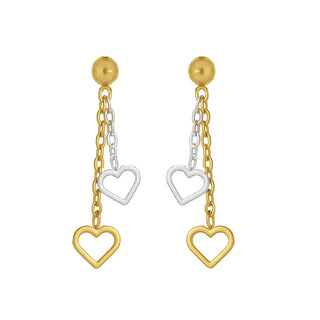 18K Two Tone Solid Gold Open Heart Dangle Earrings